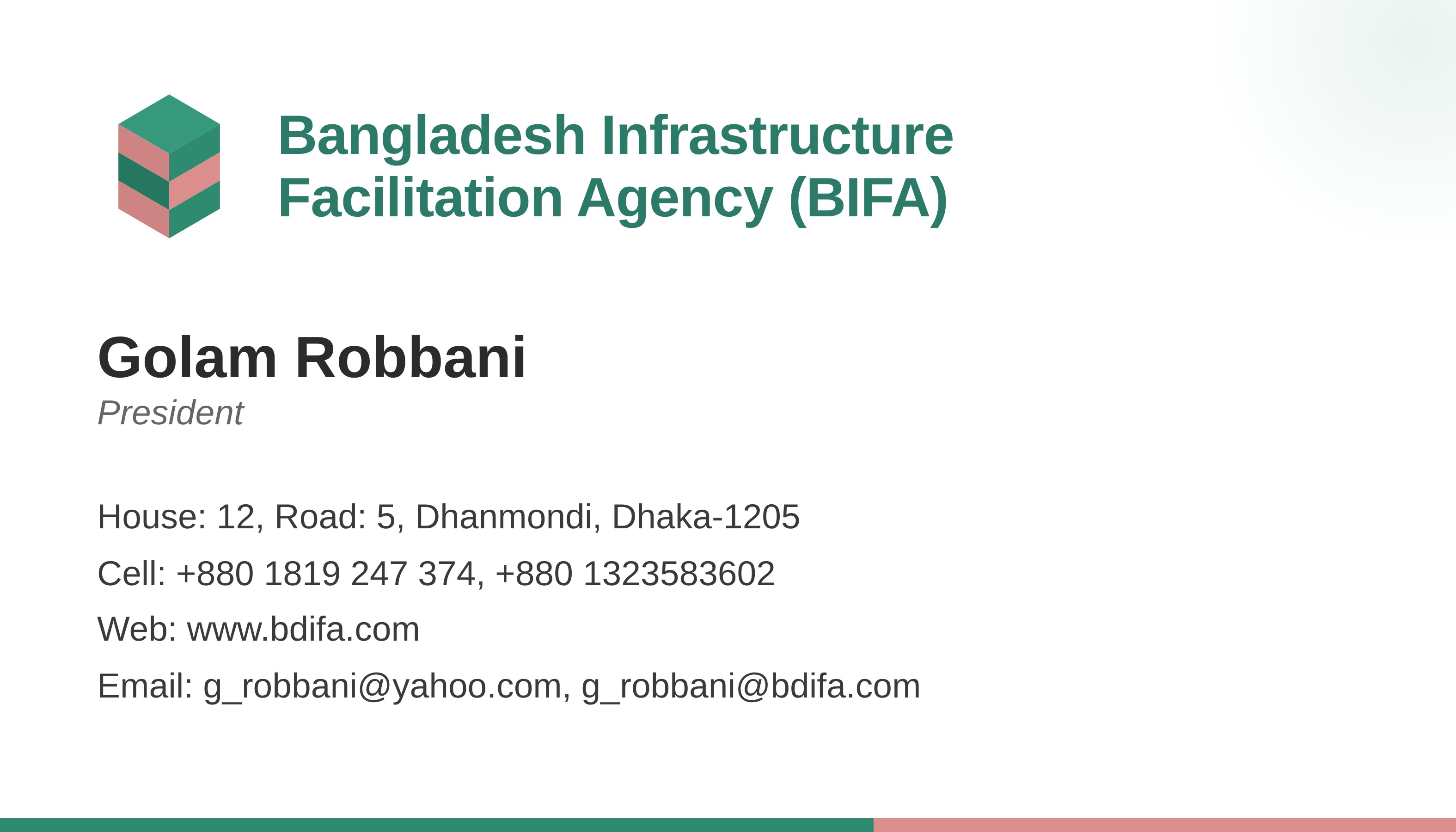 Business card of Golam Robbani, President of BIFA — House 12, Road 5, Dhanmondi, Dhaka-1205; +880 1819 247374; g_robbani@bdifa.com